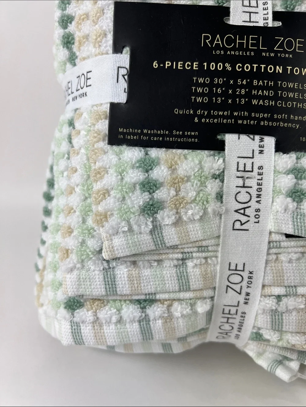 Rachel Zoe Bath Towel Set Green Tan White Waffle Soft 100% Cotton 6 Pc NEW